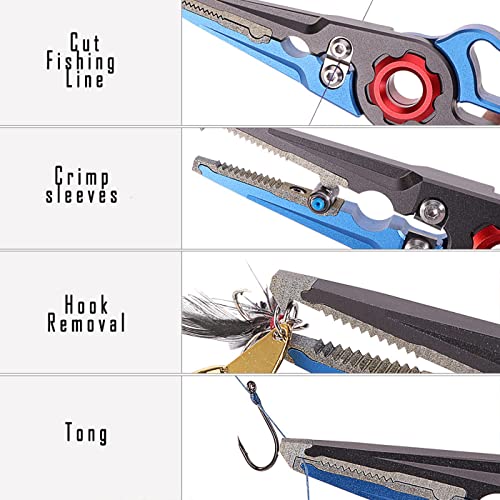 Fishing Pliers Aluminum Braid Cutters Split Ring Pliers Hook Remover Fish Holder with Sheath and Lanyard - color: blue-2