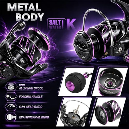 SOUGA Spinning Reel, Black Purple Metal Body Fishing Reel for Bass Pike Freshwater Light Saltwater, 9+1 BB, 5.2:1 Gear Ratio, CNC Aluminum Spool, Foldable Left Right Handle, EVA Knob,Size 1000-4000 - size: 1000