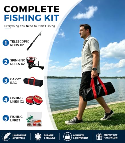 6.9ft 2Pcs Telescopic Spinning Fishing Rod Reel Combo, Portable Freshwater Fishing Pole Kit with Carrier Bag, Complete Fishing Gear