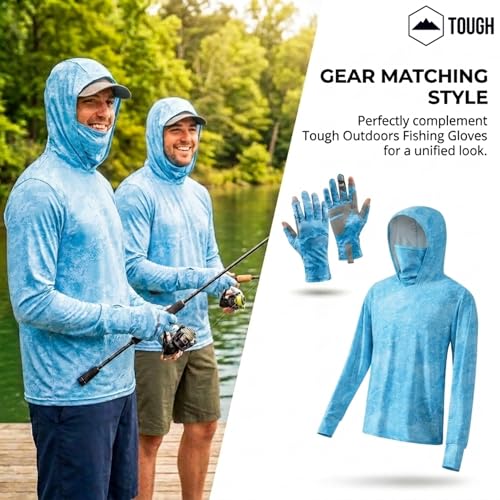 Tough Outfitters Hooded Fishing Shirt UPF 50+ Realtree Camo Sun Hoodie for Men Women – Long Sleeve UV Protection Lightweight - color: Blue, size: X-Large