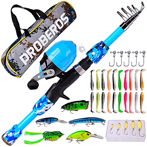 PROBEROS Kids Fishing Pole - Portable Telescopic Fishing Rod and Reel Combo Kit - Spincast Fishing Reel Casting Rods with Lures Lines Tackle Box and Bag for Boys Girls Youth Fishing - color: Blue, size: 1.8M/5.9Ft