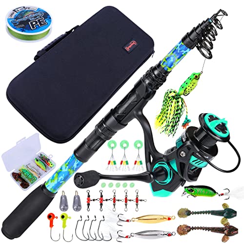 Sougayilang Telescopic Fishing Rod and Reel Combo – Full Kit with Carrier Bag, 11+1 Bearings Spinning Reel, Carbon Fiber Travel Pole for Bass, Trout, Catfish, Redfish – Saltwater Freshwater - color: Green Full Kit with Carrier Case, size: 6.9 ft