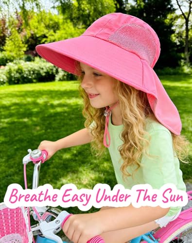 Rosoz Kids Sun Hat with Neck Flap UV Protection Summer Toddler Beach Hat Unisex Ponytail Hat Wide Brim Fishing Hat - color: Rose Red+white