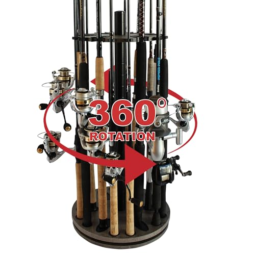 Rush Creek Creations Fishing Rod Holder - 360 Spinning Rack for Garage Organization and Storage, Pole Holder for Reels, Gear, Accessories, Tackle Box - color: Barn Wood, style: 24 Spinning