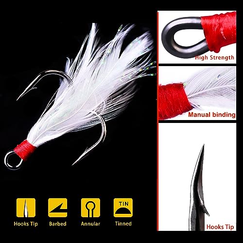 20Pcs Treble Fishing Hooks with Feather Size Stainless Steel Barbed Sharp Triple Fishhook with Box for Saltwater Freshwater - color: 20pcs-White Feather, size: 4#