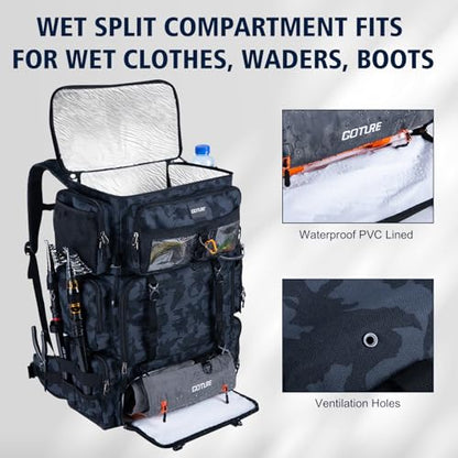 Goture Fishing Backpack with Cooler,72L Large 600D Tackle Backpack with Rod Holders,Dry & Wet Split Compartment,Adjustable Main Compartment,Rain Cover,Insulated Tactical Bag for Travel Camping Hiking - color: Camo (Only Bag, Without Tackle Box)