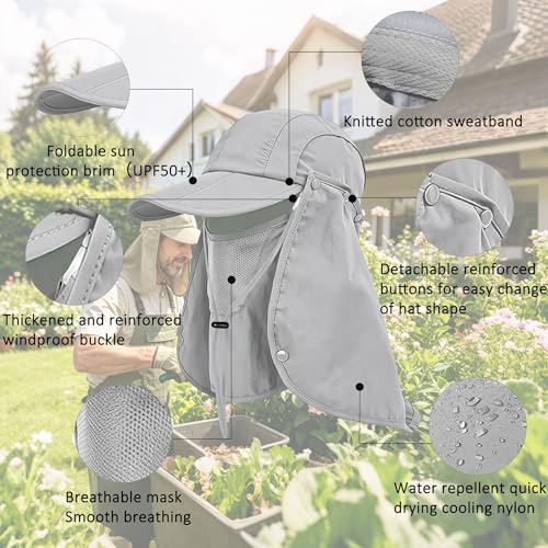 2Pack Men’s Foldable Sun Hat with Removable Face Mask & Neck Flap, UPF 50+ UV Protection, Quick-Drying Outdoor Fishing Cap - color: Light Grey+khaki