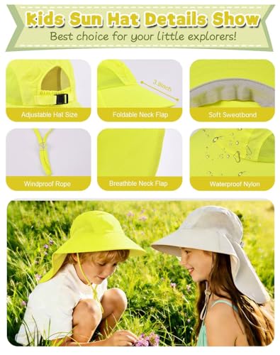 Rosoz Kids Sun Hat with Neck Flap UV Protection Summer Toddler Beach Hat Unisex Ponytail Hat Wide Brim Fishing Hat - color: Light Pink+yellow