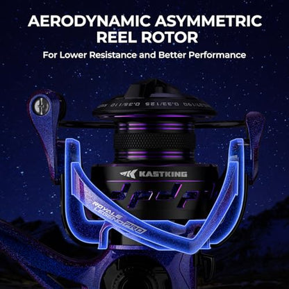 KastKing Royale Legend Pro Spinning Fishing Reel, Lightweight Yet Powerful, Digi-Cut Aluminum Gear, Aerodynamic Reel Rotor, 6.2:1 Gear Ratio, 25LBs Max Drag, TPE Handle Knobs, Unique Celestial Color - style: Size:1000
