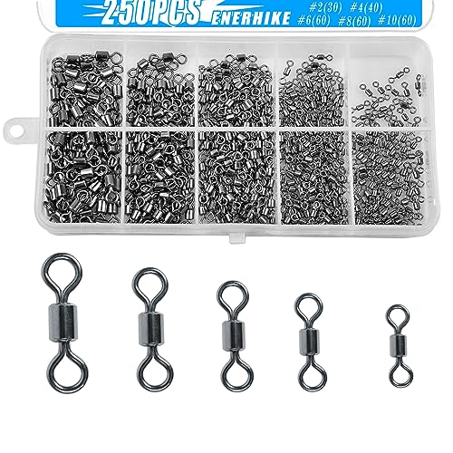 250pcs Fishing Swivel Rolling Barrel Swivel Stainless Steel Swivels Corrosion Resistance Black Nickle Connector for Freshwater Saltwater Fishing Tackle #2#4#6#8#10 - size: #2, #4, #6, #8, #10 (250pcs)