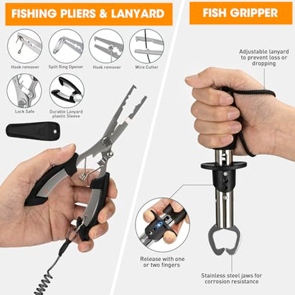 THKFISH 85Pcs Fishing Tool Kit, Fishing Backpack with Tackle Boxes Included, Fishing Tackle Kit Include Fishing Bait Lure Gear Kit, Fishing Pliers, Fish Hook Remover, Lip Gripper - color: Army Green
