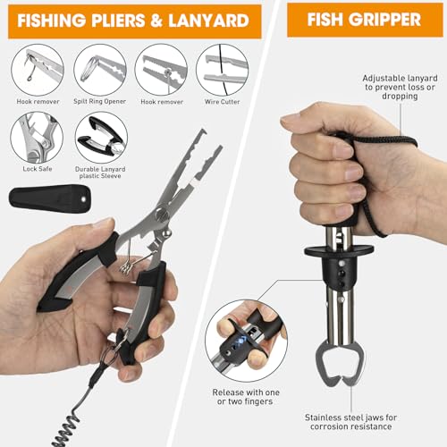 THKFISH 85Pcs Fishing Tool Kit, Fishing Backpack with Tackle Boxes Included, Fishing Tackle Kit Include Fishing Bait Lure Gear Kit, Fishing Pliers, Fish Hook Remover, Lip Gripper - color: Black 01