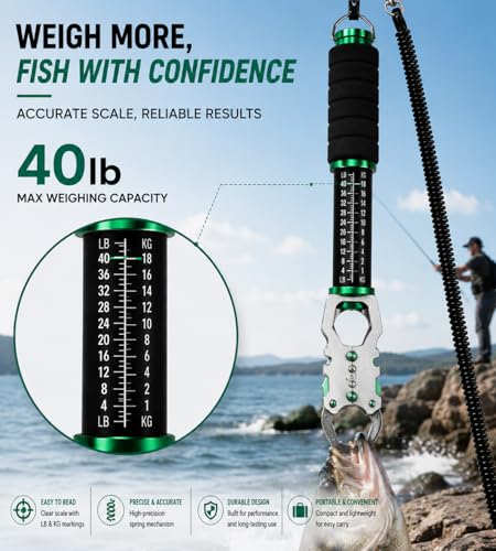 Fishing Lip Gripper, Lightweight Fish Control Grabber for Bass Fishing | Comes with built-in spring scale to weigh catches rapidly. 360° swivel prevents line tangling and fish struggling damage. - color: Green