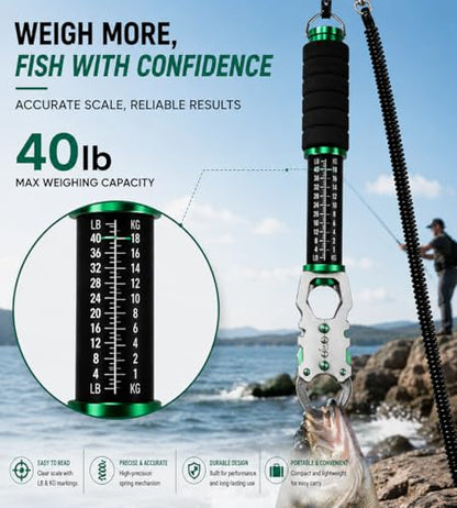 Fishing Lip Gripper, Lightweight Fish Control Grabber for Bass Fishing | Comes with built-in spring scale to weigh catches rapidly. 360° swivel prevents line tangling and fish struggling damage. - color: Green