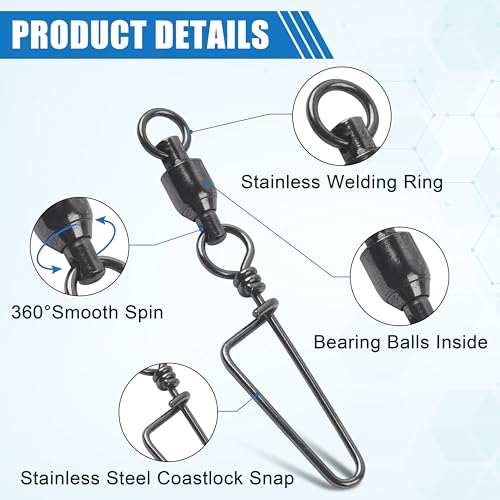 AGOOL Fishing Swivels Snaps Ball Bearing Swivels with Coastlock Snaps Stainless Steel Fishing Tackle Line Lure Leader Connector Quick Change Terminal Tackle for Lures, Leaders and Rigs - size: Size 7+7(250lb)
