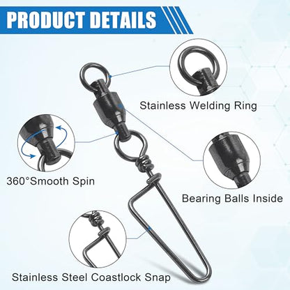 AGOOL Fishing Swivels Snaps Ball Bearing Swivels with Coastlock Snaps Stainless Steel Fishing Tackle Line Lure Leader Connector Quick Change Terminal Tackle for Lures, Leaders and Rigs - size: Size 9+9(440lb)