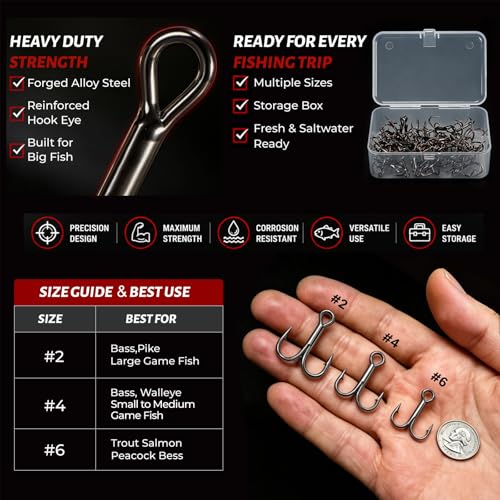 Fishing Treble Hooks 50PCS, 5X Strong High Carbon Steel, Ultra Sharp Barbed Round Bend, Rustproof Replacement Hooks for Bass Trout, Saltwater & Freshwater, Sizes #6#4#2 - size: #4 * 50PCS