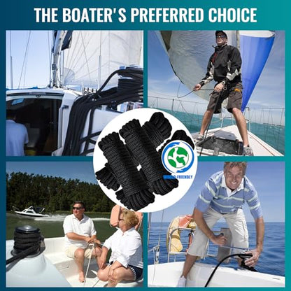 4 Pack 3/8" x 15’ Boat Dock Lines for Boat & Pontoon, Premium Marine- Grade Double Braided Nylon Dock Line, Pre-Spliced with a 12" Eyelet-Black,Boating Gifts for Men - size: 3/8" x 15' (Pack of 4)
