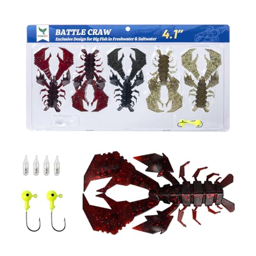 4.1" Crawfish Lure for Bass Fishing, Soft Plastic Craw Bait Kit with Removable Rattles & Jig Head, Reusable Bait Box for Freshwater Bass - color: blue+red+green