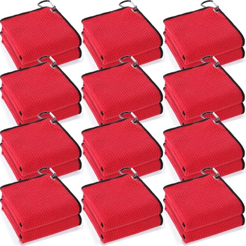 Batiyeer 12 Pcs Golf Towel Bulk for Golf Bags Microfiber Fabric Towel with Clip Waffle Pattern, Fitness, Camping, Hiking, Yoga - color: Red