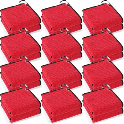 Batiyeer 12 Pcs Golf Towel Bulk for Golf Bags Microfiber Fabric Towel with Clip Waffle Pattern, Fitness, Camping, Hiking, Yoga - color: Red