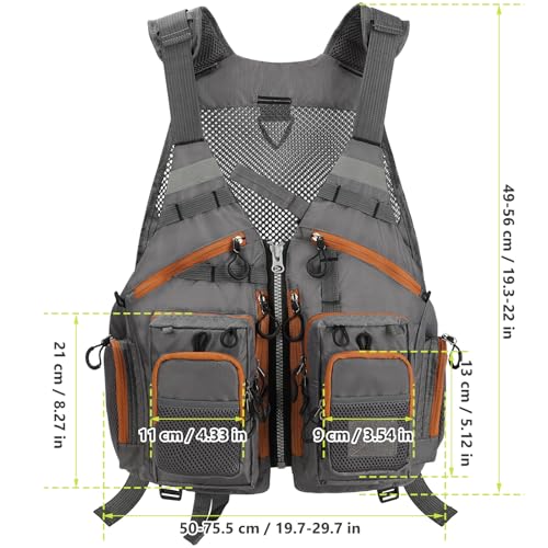 Gonex Fly Fishing Vest for Men Women, Comfortable Adjustable Fishing Vest with Multi-Pockets Reflective Stripes - color: Gray+brown