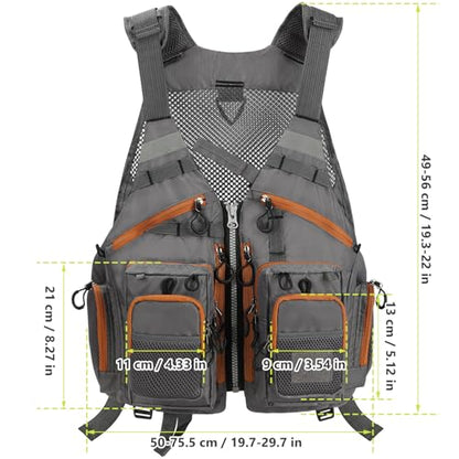 Gonex Fly Fishing Vest for Men Women, Comfortable Adjustable Fishing Vest with Multi-Pockets Reflective Stripes - color: Gray+brown