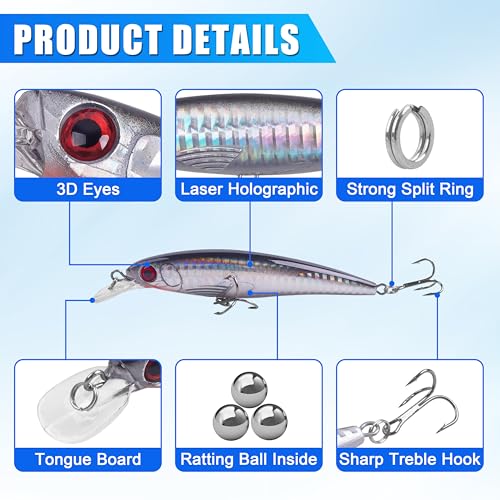 Saltwater Fishing Lures Kit, 6/12pcs Striped Bass Lures Surf Fishing Minnow Lures Deep Diving Jerkbait Popper Plugs Crankbait Fishing Tackle - color: 6PCS