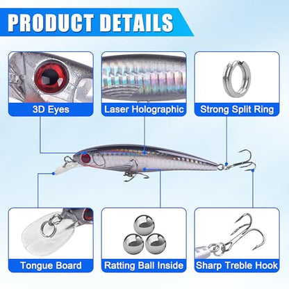 Saltwater Fishing Lures Kit, 6/12pcs Striped Bass Lures Surf Fishing Minnow Lures Deep Diving Jerkbait Popper Plugs Crankbait Fishing Tackle - color: 12PCS