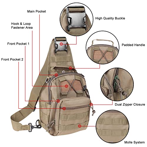 Qcute Tactical Backpack, Waterproof Military Cross-body Molle Sling Shoulder Backpack Chest Bag for Outdoor Every Day Carry - color: Khaki