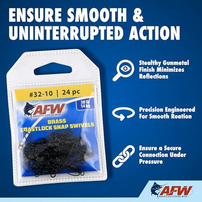 AFW Brass Coastlock Snap Swivels – Durable Fishing Gear with High-Strength Wire Snaps, Black Oxide Finish, Prevents Line Twisting & Kinking, Supports Up to 350 lb Test. - size: 24 pc, #7, 75 lb test