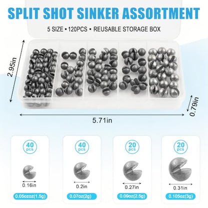 Split Shot Fishing Weights, 120pcs Fishing Weights Sinkers Assortment Removable Split Shot Sinkers Round Reusable Clip On Weights Freshwater Saltwater - color: Round-120pcs
