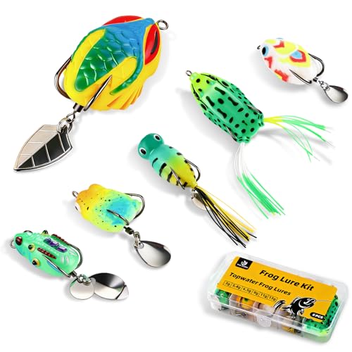 Frog Fishing Lures 6PCS, Topwater Weedless Soft Baits with Spinner Tail, Floating Hollow Body for Bass, Pike, Trout - Freshwater & Saltwater