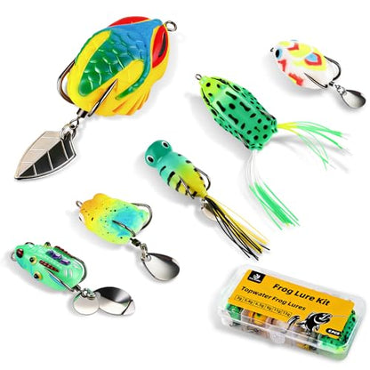 Frog Fishing Lures 6PCS, Topwater Weedless Soft Baits with Spinner Tail, Floating Hollow Body for Bass, Pike, Trout - Freshwater & Saltwater