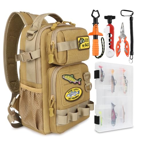 Dovesun Small Fishing Backpack Fishing Sling Bag with 3600 Tackle Box Small Tackle Backpack with Tool Set Khaki - color: B: Fishing Tackle Backpack With Tool Set(khaki）