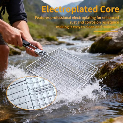 Square BBQ Fish Basket for Grilling suitable for camping | Portable stainless steel grill basket easy to clean, with a locking mechanism, and a heat-resistant wooden handle.