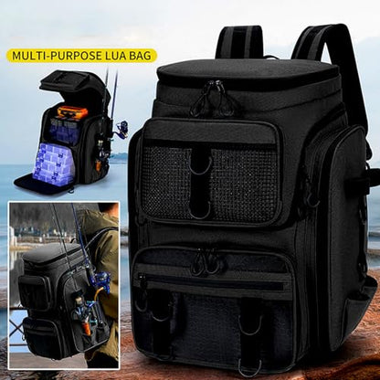 Lixada Fishing Backpack with Rod Holder, 42L Large Capacity Waterproof Oxford Fabric Tackle Backpack for Fishing, Hiking, Camping, 31x28x48cm Black Fishing Gear Bag - color: Black