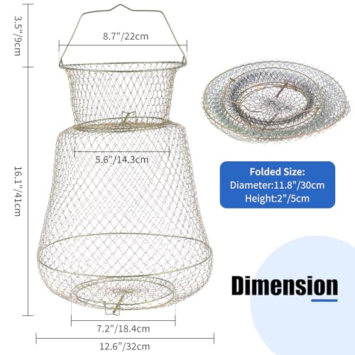 2 Pack Galvanized Steel Wire Fish Baskets, Collapsible Wire Fish Baskets, Portable Fishing Basket Fishing Net Cage