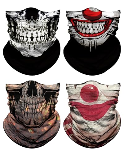 4Pack Neck Gaiter for Men Women Face Cover Mask Head Wrap Balaclava Headwear Bandana Headband Magic Scarf - color: A-bonehead Clown-1