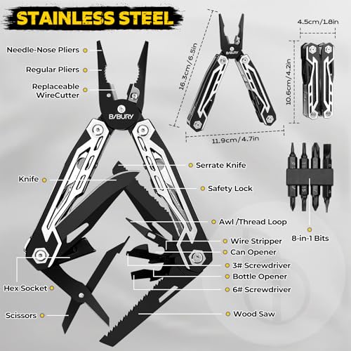 BIBURY Multitool, 21-in-1 Stainless Steel Pocket Knife with Scissors, Self-locking Multi Tool Pliers with Sheath for Outdoor, Survival, Camping, Home Repair, Gadgets for men Gifts for Men - BI2029AB