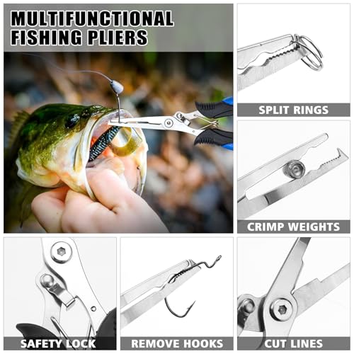 Fishing Tool Kit, 50 Pieces Fishing Gear, Fishing Pliers with Lanyard, Fillet Knife, Fish Lip Gripper, Fly Ice Fishing Hook Extractor, Anti-Cutting Gloves, Fishing Lures Baits Accessories