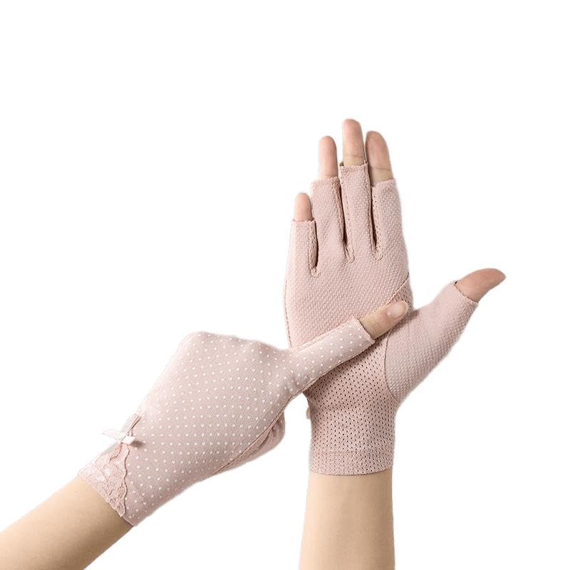 Women Pink Driving Ice-Silk Gloves Sun-UV-Protection Fingerless Gloves for Summer Hiking Cycling Running SPF Lace Glove