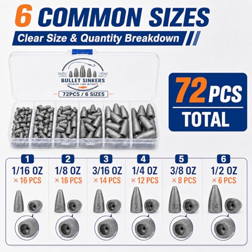 Bullet Fishing Weights Kit, 50/72pcs Size Stamped Lead Worm Weights, 5/6 Sizes Bullet Sinkers for Bass Fishing, Texas Rig, Carolina Rig & Soft Plastic Baits