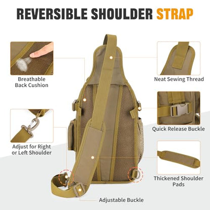 HUNTVP Fishing Sling Bag Lightweight Tackle Bag Small Fishing Backpack Tactical Shoulder Sling Bags with Rod Holder, Storage Gear and Equipment, Gifts for Men (Brown) - color: Brown