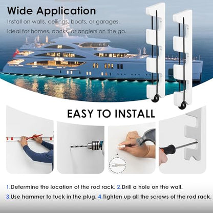White Plastic Horizontal Fishing Rod Holder, Wall Mounted Fishing Rod Rack, Fishing Pole Holders for Boat, Garage, Pack of 2