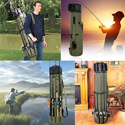 Allnice Durable Canvas Fishing Rod & Reel Organizer Bag Travel Carry Case Bag- Holds 5 Poles & Tackle - color: Khaki Green
