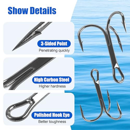 OROOTL Treble Fishing Hooks, 60pcs High Carbon Steel Treble Hooks with Ultra Sharp Barb Corrosion-Resistant Round Bend Triple Hooks for Lures Freshwater Saltwater - size: Size 2#, Pack of 60