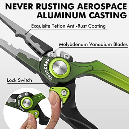 TRUSCEND Easy Use Lockable Fishing Pliers with Tungsten Carbide Cutter, Innovative Ergonomic Handy Handle, Saltwater Corrosion Resistant Teflon Coated Fishing Tool, Light Multi-Function Fishing Gear - color: D1-green