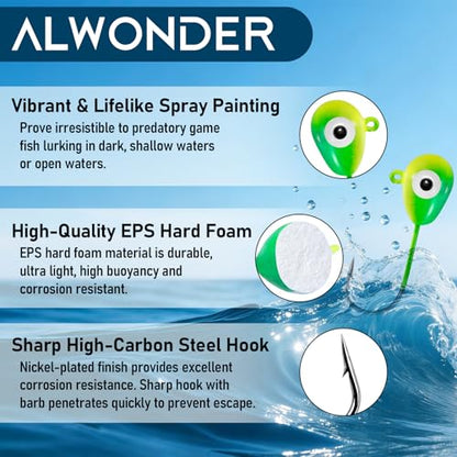 Alwonder 10-Pack Floating Jig Heads Fishing Floats Jigs Lures High-Ball Floater Hook, Surf Fishing Trolling Rockfishing Pompano Rigs Floats for Bass, Walleye, Panfish, Perch, Trout, Redfish - color: (LC) Green Yellow, size: 1# Hook