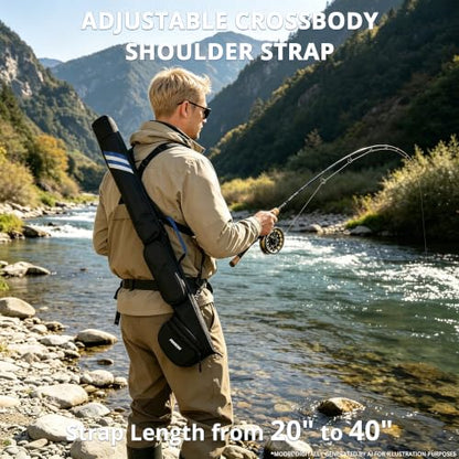 PEKREWS Fly Rod Case, 30.5" Fishing Rod Bag Fit 9' 4-Piece Fly Rod and Reel with 2 Side Pockets, Padded Reel Pouch, Hard Travel Fly Rod Tube with Shoulder Strap, Fishing Pole Holder For Angler, Blue - color: Blue